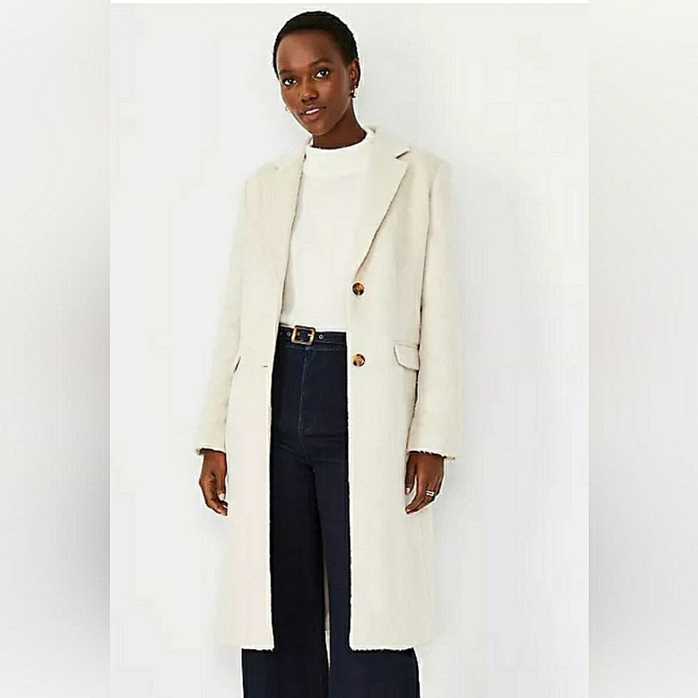 Ann Taylor Chesterfield Faux Fur Cream Trench Long Dress Coat